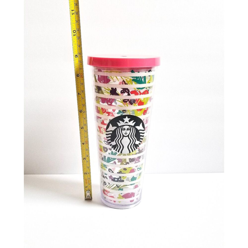 STARBUCKS Venti Cold Cup Tumbler White Stripes Coral Lid Floral 24 oz 2017 - Picture 10 of 12